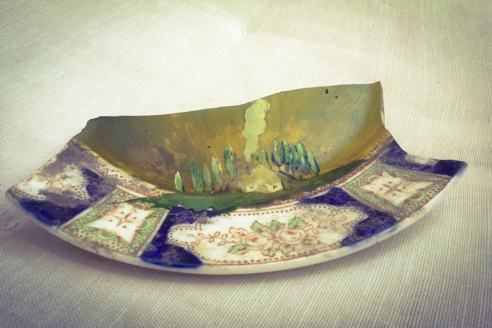 Broken Idyll 2014 oil on found ceramics 